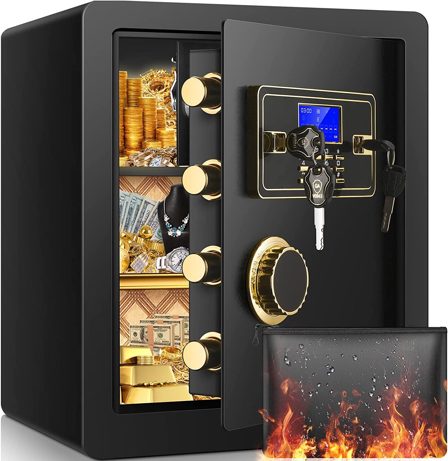 2.12 Cub Fireproof Waterproof, Security Home Safe with Fireproof Document Bag ,Inner Cabinet and LCD Display, Large Safe Box for Money Jewelry Documents