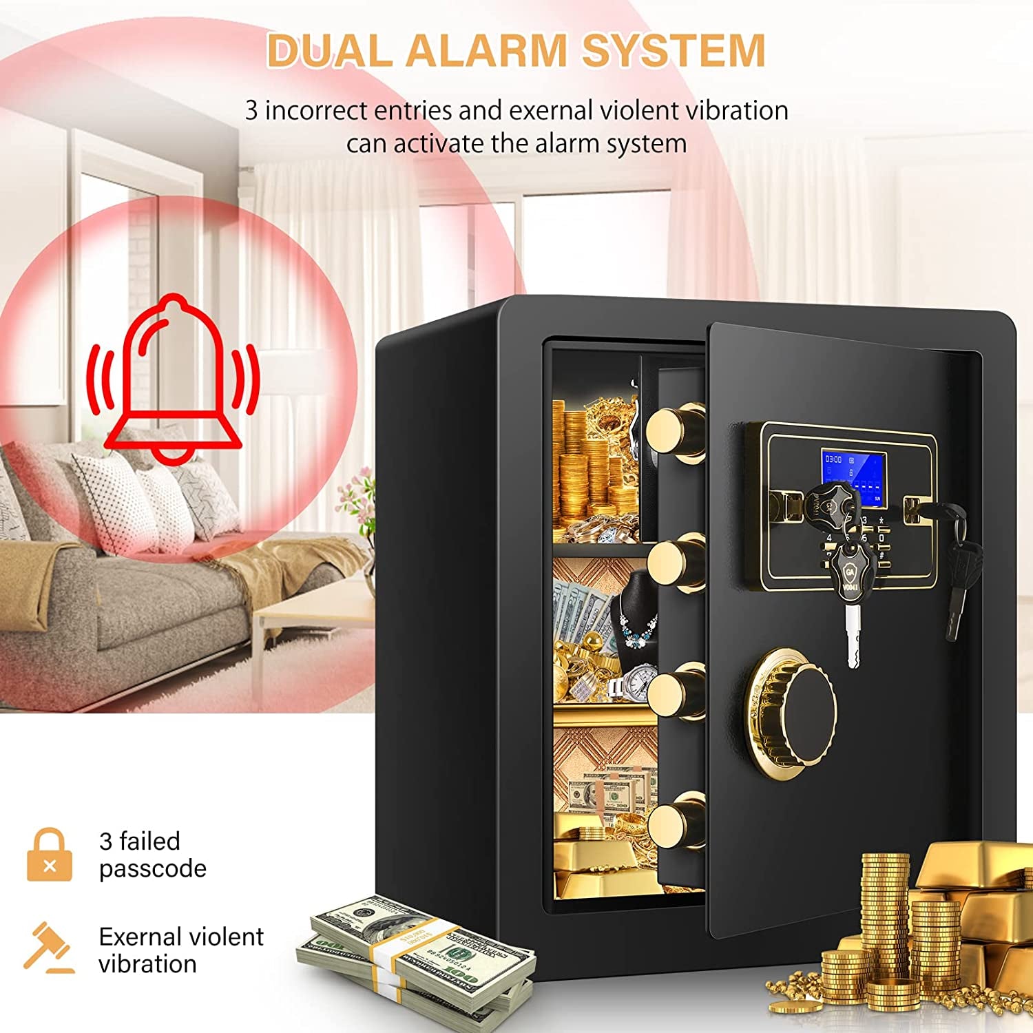 2.12 Cub Fireproof Waterproof, Security Home Safe with Fireproof Document Bag ,Inner Cabinet and LCD Display, Large Safe Box for Money Jewelry Documents