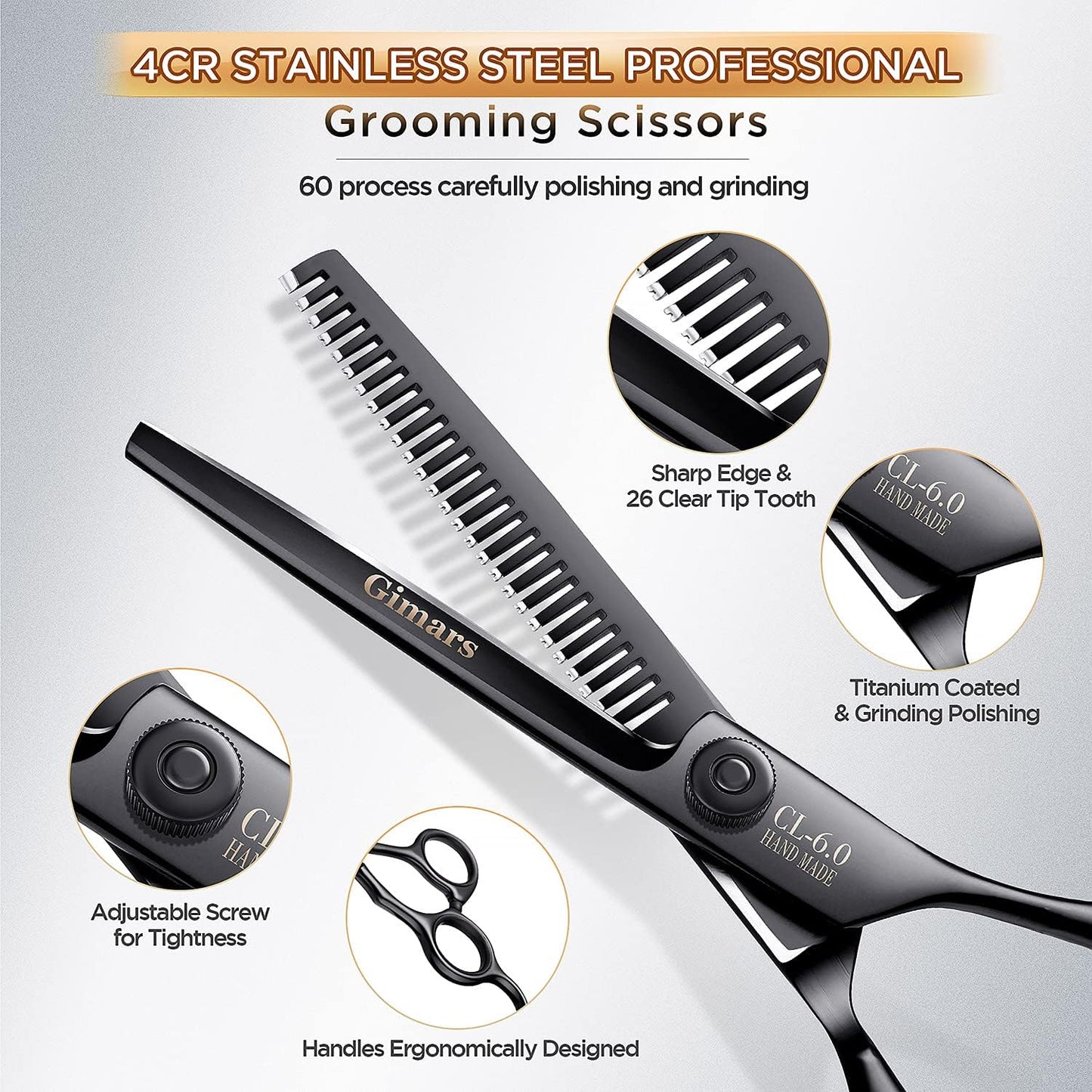 7Inch Professional 4CR Stainless Steel 6 in 1 Grooming Scissors for Dogs with Safety round Tip, Heavy Duty Titanium Coated Pet Grooming Scissor for Dogs, Cats and Other Animals